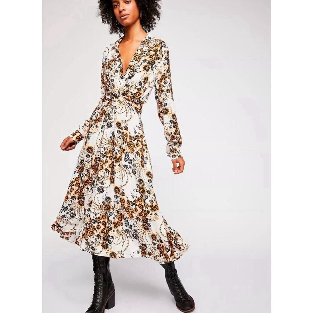 Free People Tough Love Midi Shirt Dress Women’s Size 4 Cream Floral
